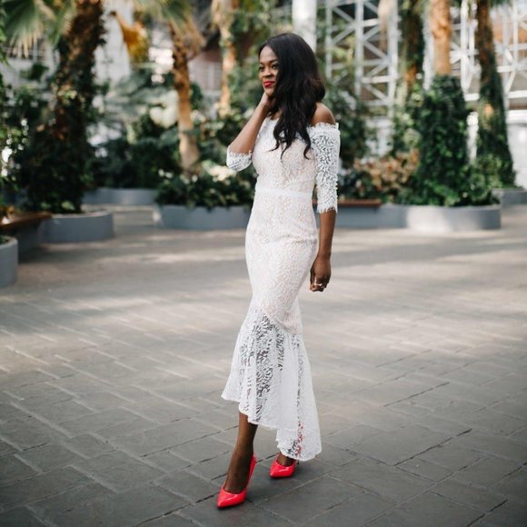 Jarlo Dresses & Skirts - Jarlo Delilah Bardot Lace High Low Midi Dress NWT